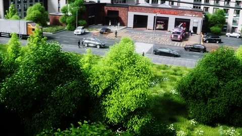 Fire truck quickly leaves for the call, garage door at fire department opens. Video stock 333418608