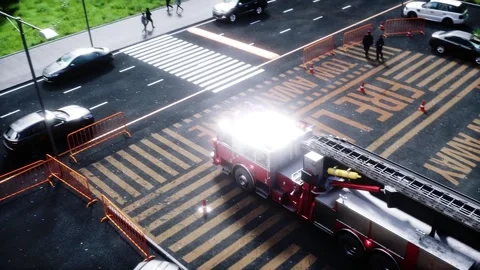 Fire truck quickly leaves for the call, garage door at fire department opens. Stock-Footage 333418616