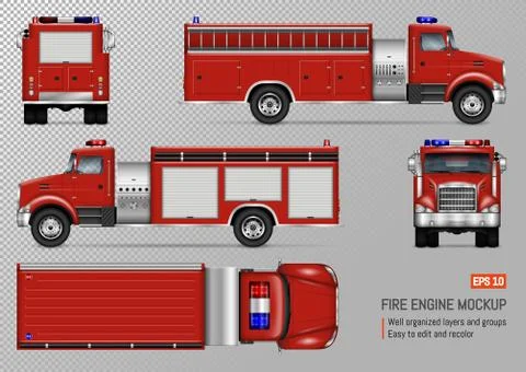 Fire truck vector template. Vehicle branding mockup side, front, back, top view Stock Illustration