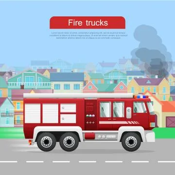 Fire Trucks Vector Flat Web Banner 스톡 일러스트