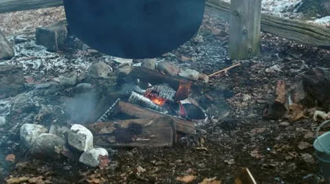 Fire under Cauldron HD Stock Footage 10808411