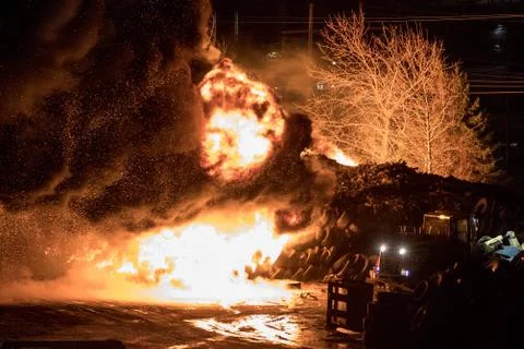 A fire in a used tire facility Stock Photos