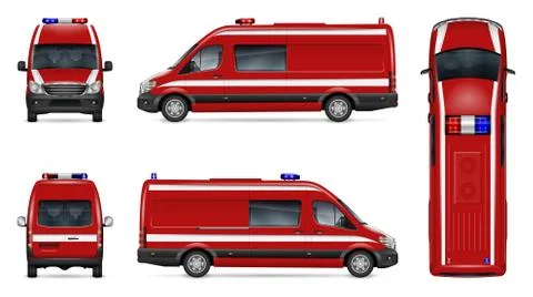 Fire van vector mockup. Isolated vehicle template side, front, back, top view Stock Illustration