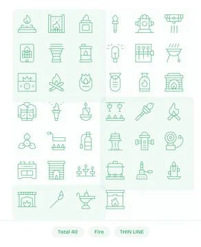 Fire Vector Icon Toolkit featuring 40 PIXEL Perfect Retina Ready Thin Line .. Stock Illustration