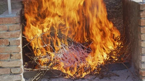 Fire from vine branches in fireplace for barbecue Stock Footage 139722745