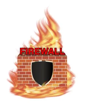 Fire wall protection logo with shield and brick wall with fire Stock Illustration