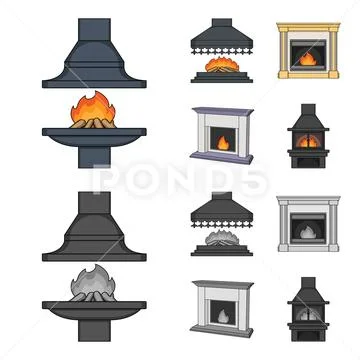 Fire, warmth and comfort.Fireplace set collection icons in cartoon,monochrome Stock Illustration