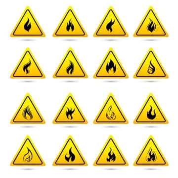 Fire warning sign in yellow triangle. Flammable, inflammable substances icon. Illustrazione stock