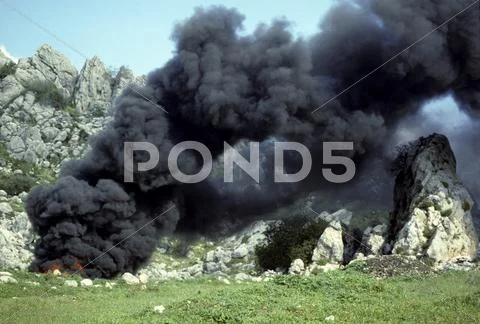 Fire In Waste Dump With Car Tires - Smoke Emission Spain