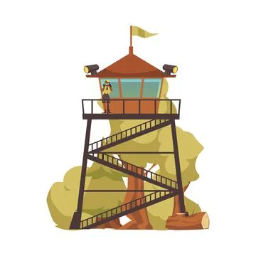 Fire watch tower. Ranger look at the forest with binoculars to detect smoke Stock Illustration
