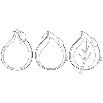 Fire, water drop and leaf icons. Vector black and white coloring page. Stock Illustration