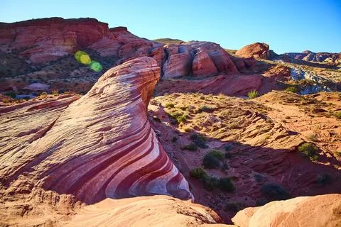 Fire Wave Sandstone Patterns in Valley of Fire at Golden Hour Low Perspective Stock Photos