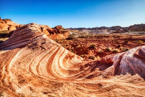 Fire Wave in Valley of Fire State Park at Sunset near Las Vegas, Nevada Stock Photos