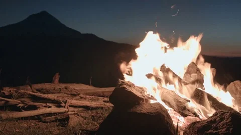 Fire While Camping Oregon Cascades Campfire and Mt. Hood Time Lapse Video stock 81682668