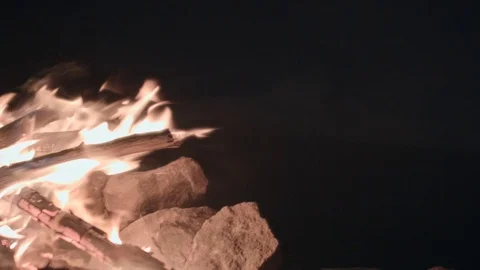 Fire While Camping Oregon Cascades Campfire sparks and Mt. Hood Stock Footage 81682792