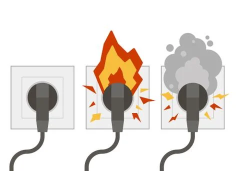 Fire wiring. Electric circuit of cable with fire, smoke, sparks. Set of sockets Illustrazione stock