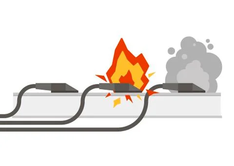 Fire wiring. Electric circuit of cable with fire, smoke, sparks. Set of sockets Illustrazione stock