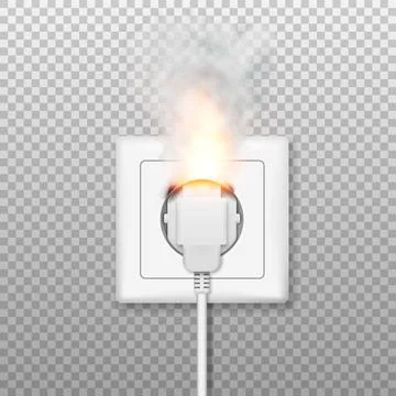 Fire wiring. Realistic socket and plug on fire from overload. Electrical safe Stock Illustration