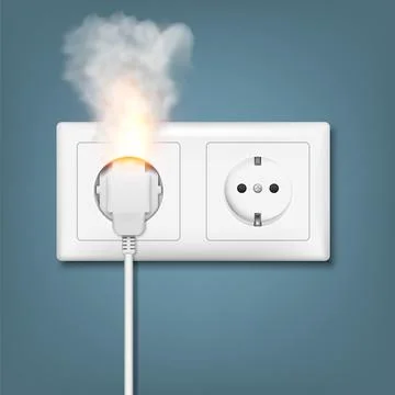 Fire wiring. Realistic socket and plug on fire from overload. Electrical safe 스톡 일러스트
