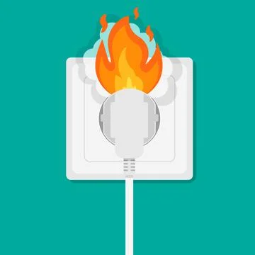 Fire wiring. Socket and plug on fire from overload. Electrical safety concept 스톡 일러스트