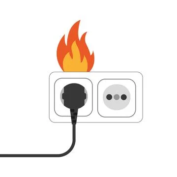 Fire wiring. Socket and plug on fire from overload. Electrical safety concept. Stock Illustration