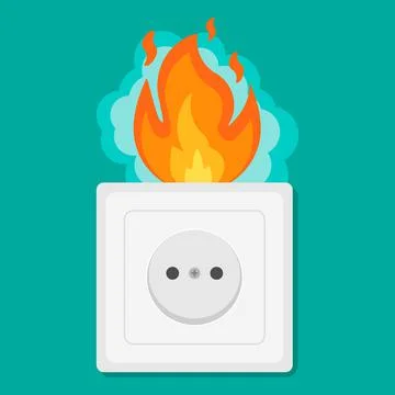 Fire wiring. Socket on fire from overload. Electrical safety concept. Short c Illustrazione stock