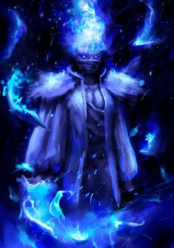 A fire wizard in a white suit stands in the dark, his hair burns with a blue  스톡 일러스트