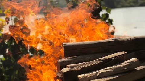 Fire wood on the background of river Stock Footage 77134844