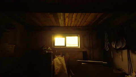 Fire yellow sunset light from the window to the dark empty building Video stock 131117056