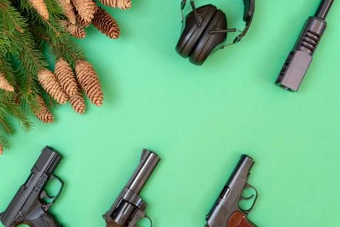 Firearm layout. Christmas concept. Weapon frame. Stock Photos