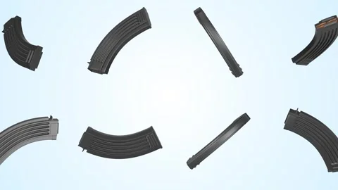 Firearm Magazines Falling on a Light Blue Background. Gun Magazines 3D. 4K Video stock 307436587