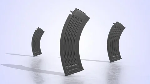 Firearm Magazines on a Light Reflective Floor. Gun Magazines 3D Animation. 4K Stock Footage 307436586