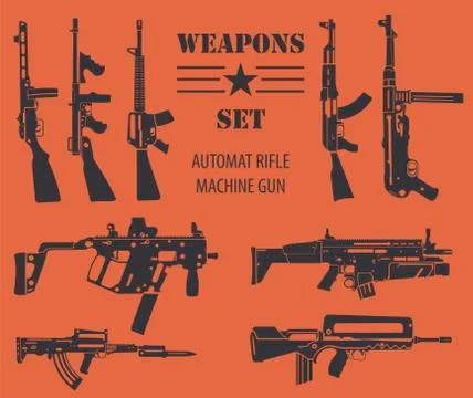 Firearm set. Automatic rifle, machine gun. Flat design Stock Illustration