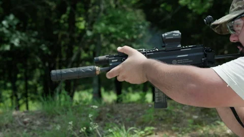 Firearms Instructor Aiming Stribog SP9A1 9mm Pistol Carbine - Slow Motion Stock Footage 331051047