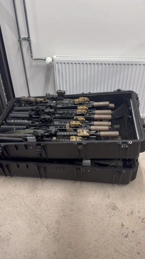 Firearms packed in protective transport cases Video stock 327071831
