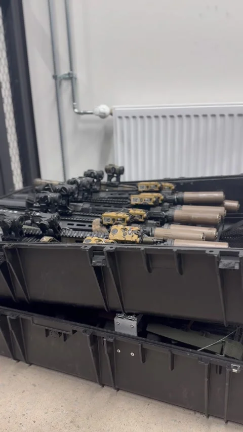 Firearms packed in protective transport cases Video stock 327071834