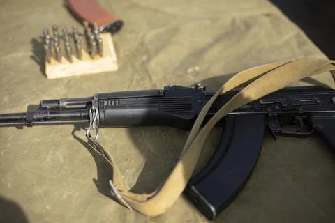 Firearms for training. The machine is on the table. Reliable small arms. Stock Photos