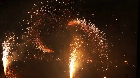 Fireball fire performance with sparks in a circle Stock Footage