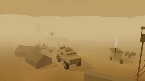 Fireball rises over forward camp after a one way attack drone in a sands Vidéo 342333172