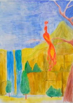 Firebird on a tree branch amid the landscape. Drawing watercolor. Stock Illustration
