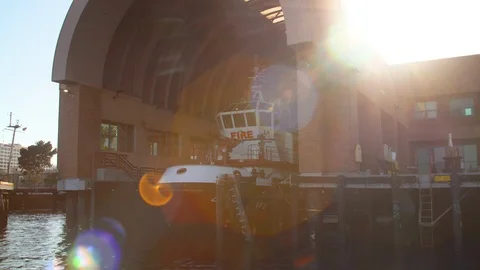 Fireboat 2 standing in the dock Stock Footage 116506954