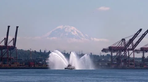 Fireboat and Mt Rainier, Seattle Stock Footage