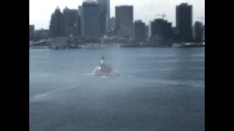 Fireboat Opens Pumps 1974 Stock Footage 266440978