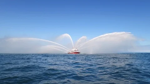 Fireboat Protector doing foam spray tests in the sea Video stock 116496658