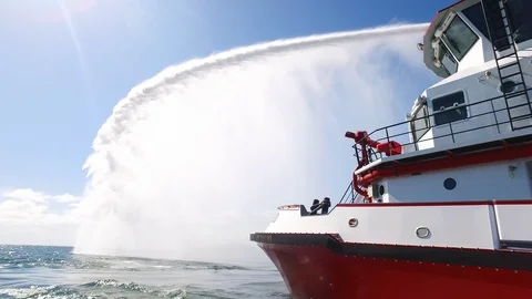 Fireboat Protector doing water gun test in the sea Video stock 116497116