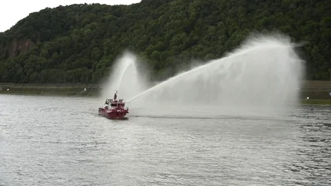 Fireboat on river Stock Footage 79499130