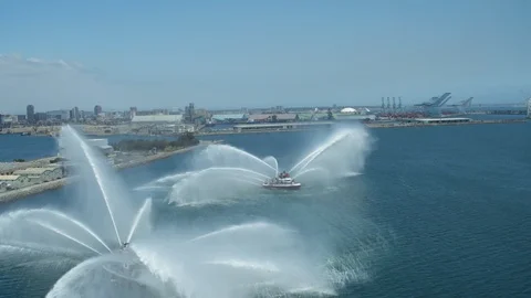 Fireboats Protector and Vigilance doing coordinated water gun test operations Stock Footage 116475806