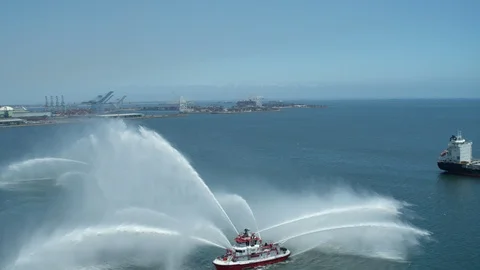 Fireboats Protector and Vigilance doing coordinated water gun test operations Stock-Footage 116476048