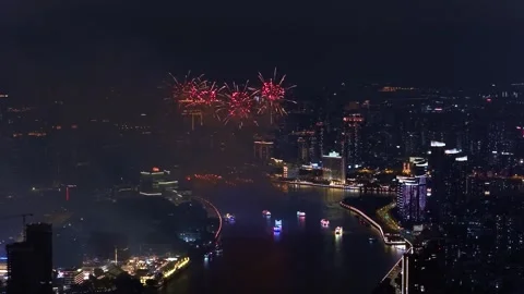 Firecracker pyrotechnics show. Holiday celebration with fireworks sky background Stock Footage 340634466