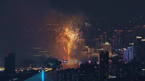 Firecracker pyrotechnics show. Holiday celebration with fireworks sky background Stock Footage 340634540